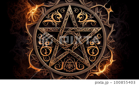 Black mass montage of occult Satanic pentagram materialising against a grunge texture background of alchemy symbols. Black mass montage of occult Satanic pentagram materialising against a grunge texture background of alchemy symbols. 100855403
