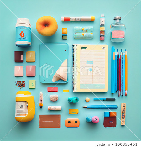 Back to school concept. Backpack with school supplies, pens, pencils, notebook on pastel background. Flat lay, top view, copy space, banner Back to school concept. Backpack with school supplies, pens, pencils, notebook on pastel background. Flat lay, top view, copy space, banner 100855461