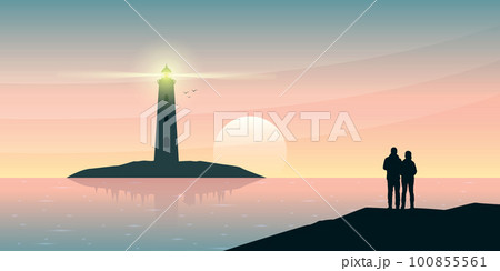 lovely couple on lighthouse seascape with mountain view at sunset 100855561