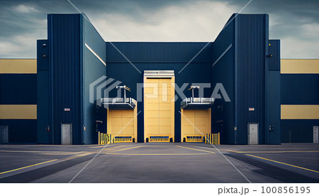 Logistics park with warehouse, loading hub for many semi trucks with cargo trailers. Ramps for load unload goods at sunset. 100856195