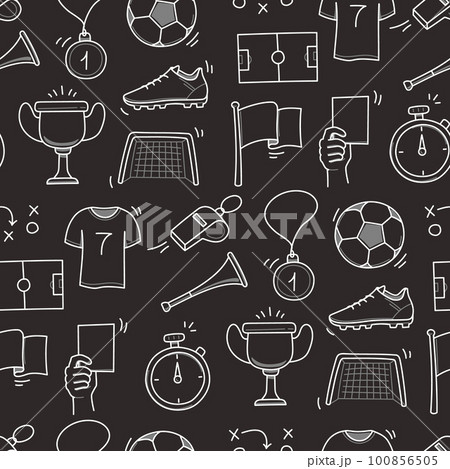 Soccer doodle seamless pattern. Football goal, award cup, whistle hand drawn line doodle sketch style equipment icon 100856505