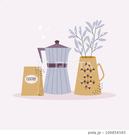 Vector illustration of a coffee kettle, coffee bag package and decorative plant 100856565