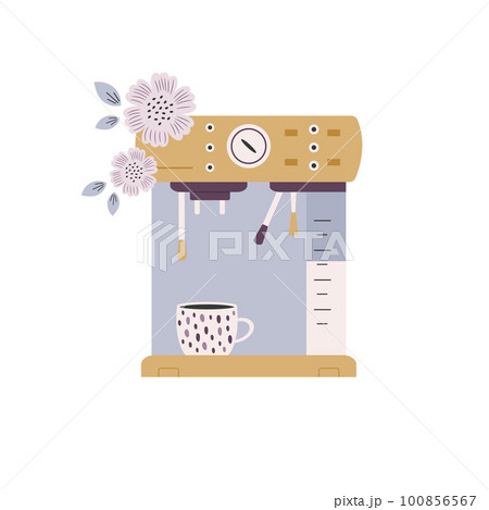 Vector illustration of a coffee machine and a cup. Front view design 100856567