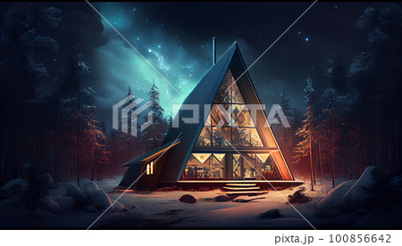 Cute triangle houses on a background aurora borealis. Cute triangle houses on a background aurora borealis. 100856642