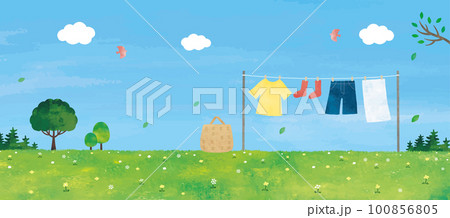 爽やかな草原と青空の下に干された洗濯物水彩画 100856805
