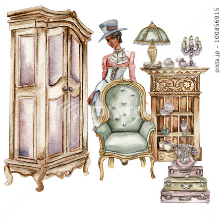 Hand drawn watercolor vintage style inside decor. Isolated furniture for interior. Vintage interior background with mid century modern furniture Interior decor scene. Farmhouse ,cottage illustration. 100856915