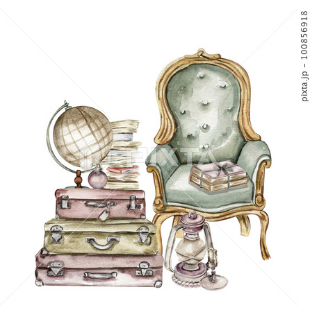 Hand drawn watercolor vintage style inside decor. Isolated furniture for interior. Vintage interior background with mid century modern furniture Interior decor scene. Farmhouse ,cottage illustration. 100856918