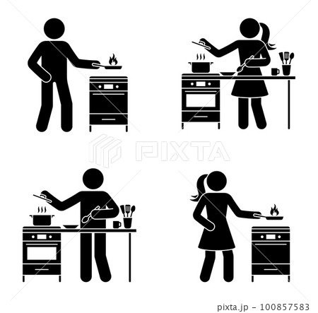 Stick figure man and woman making soup, frying at home kitchen vector set. Stickman people preparing meal icon pictogram Stick figure man and woman making soup, frying at home kitchen vector set. Stickman people preparing meal icon pictogram 100857583