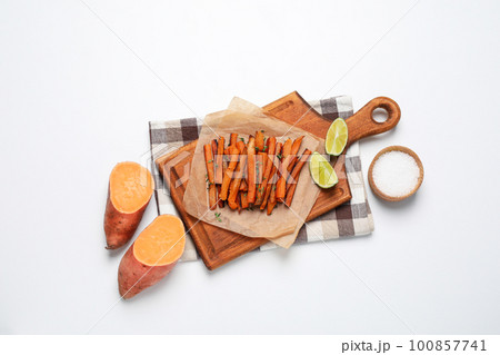 Concept of tasty food, fried sweet potato, top view 100857741