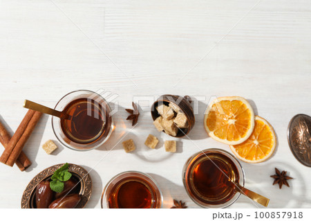 Concept of traditional turkish brewed hot drink, turkish tea, space for text 100857918
