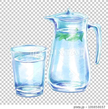 水の入ったグラスとミントの入ったウォーターピッチャーの水彩イラスト 100858037