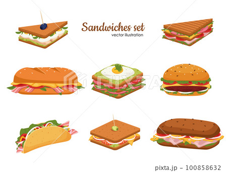 Subs and Sandwiches of Black and Wheaten Bread. Delicious panini with vegetables, salmon and meat. Crispy toast, croissant and bun sandwiches vector set. 100858632