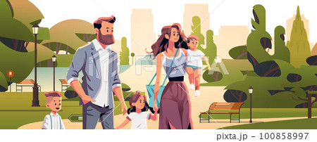 parents and little children walking together in urban park mother father and kids standing together parenthood parents and little children walking together in urban park mother father and kids standing together parenthood 100858997