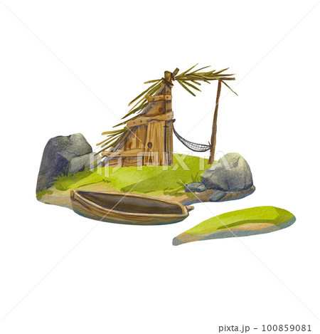 Lonely island with a hut of palm branches isolated on a white background. A boat near a desert island in the middle of the ocean. Watercolor illustration suitable for packages, postcards 100859081