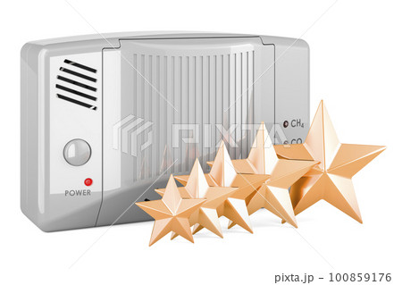 Carbon monoxide detector with five golden stars. Customer rating, 3D rendering Carbon monoxide detector with five golden stars. Customer rating, 3D rendering 100859176