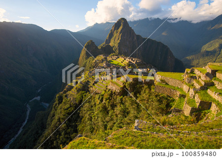Sunset on Machu Picchu, the lost city of Inca - Peru 100859480