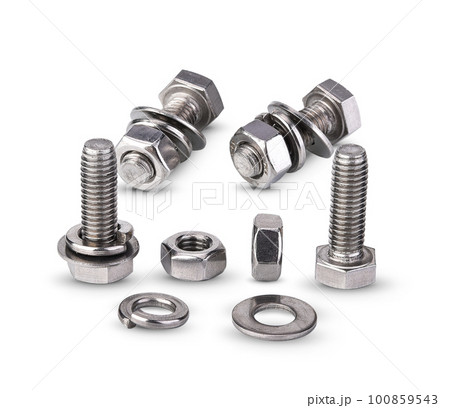 Hex bolt nut and washer on white background. 100859543