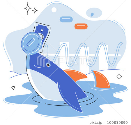 Whale emerges from water and holds gold coins on its nose. Inexperienced investor, bad investment Whale emerges from water and holds gold coins on its nose. Inexperienced investor, bad investment 100859890