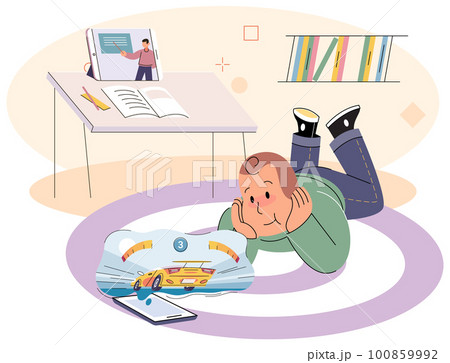 Little boy playing car racing video game using tablet pc, watching cartoon during online lesson 100859992