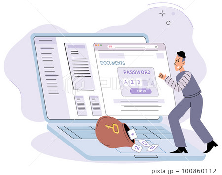 Computer password hack, Cyber criminal with laptop stealing user personal data. Hacker attack 100860112