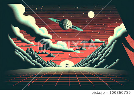 Retro styled sci-fi landscape with mountains. Retro futuristic science fiction illustration in drawing style with alien sun. Generated AI. 100860759