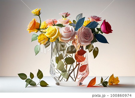 花瓶に入ったカラフルなバラの花束 AIが作画したイラスト「AI生成画像