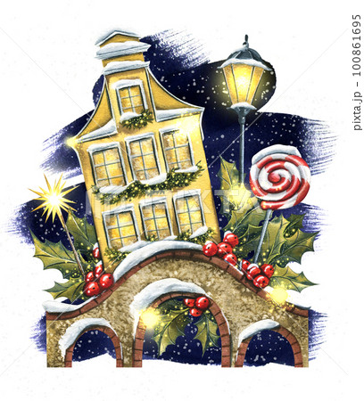 Yellow European house with a stone bridge, lanterns, holly and Christmas candy against a dark night sky and snowfall. Watercolor illustration. Composition for poster, postcard, sticker, prints. 100861695