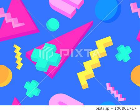 Memphis seamless pattern with 3d geometric shapes in 80s style. Colorful geometric pattern. Design of promotional products, wrapping paper and printing. Vector illustration Memphis seamless pattern with 3d geometric shapes in 80s style. Colorful geometric pattern. Design of promotional products, wrapping paper and printing. Vector illustration 100861717