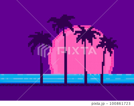 Palm trees at sunset in pixel art style. 8 bit landscape of palm trees on the shore in the style of 90s video games. Design for print, banner and app. Vector illustration 100861723