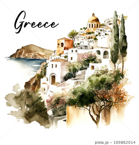 Picturesque landscape of Greece watercolor art sea 100862014