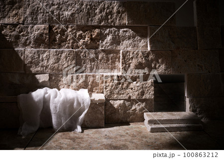 Empty tomb while light shines from the outside. Jesus Christ Resurrection. Christian Easter concept. 100863212