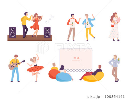 People Characters in City Park Enjoying Summer Weekend Vector Set 100864141