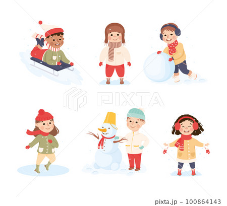 Excited Boy and Girl Enjoying Winter Outdoor Activity Vector Set Excited Boy and Girl Enjoying Winter Outdoor Activity Vector Set 100864143