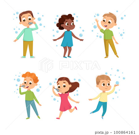 Funny Boy and Girl Playing with Soap Bubbles Vector Set 100864161