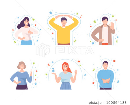 Young Male and Female with Invisible Barrier for Pathogen and Germs Vector Illustration Set 100864183