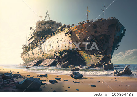 Shipwreck on sea beach, wreck of old rusty ship on sand by water, generative AI 100864438