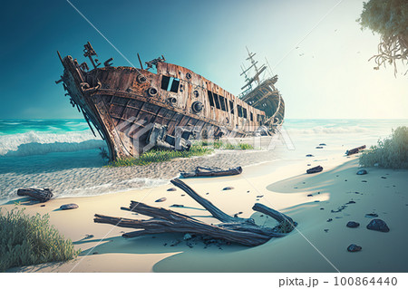 Shipwreck on sea beach, wreck of old rusty shipのイラスト素材 