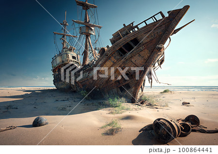 Shipwreck on sea beach, wreck of old ship byのイラスト素材 