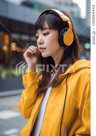 Asian woman in yellow jacket listens music with headphones on city street, generative AI. 100864448