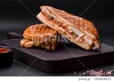 Delicious crispy sandwich with chicken breast, tomatoes, ketchup and spices Delicious crispy sandwich with chicken breast, tomatoes, ketchup and spices 100864623