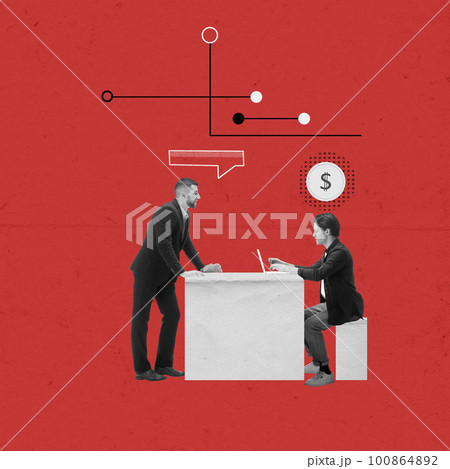 Male office workers, employees developing profitable strategy for project launching and company financial growth. Contemporary art collage. 100864892