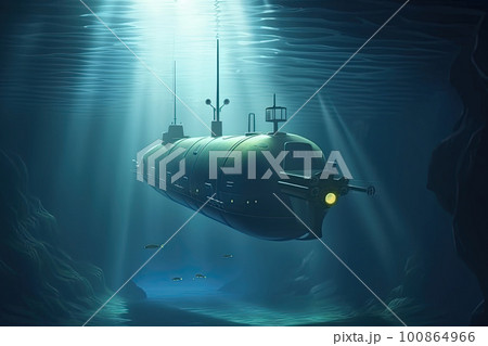 Military submarine in the sea. Floating vessel under water. Created with Generative AI 100864966