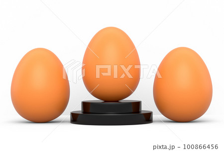 Farm brown eggs on podium standing in line on white background 100866456