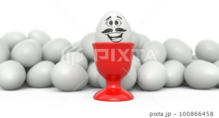 Farm white painted egg with funny face in ceramic egg cup and crowd of eggs Farm white painted egg with funny face in ceramic egg cup and crowd of eggs 100866458