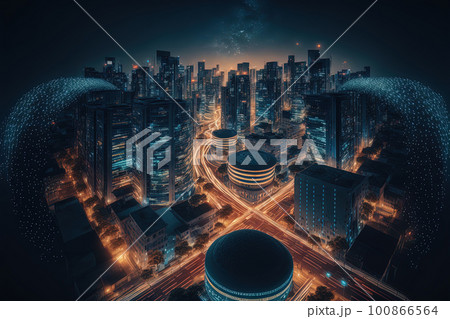 Night view of smart city and dot points design. Internet of Things, information communication network and big data connection technology concept. Generative AI Night view of smart city and dot points design. Internet of Things, information communication network and big data connection technology concept. Generative AI 100866564