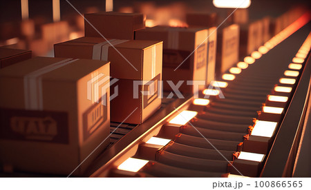 Row of brown boxes on conveyor belt in a big warehouse, Cardboard boxes in logistics warehouse, Packed courier on production line against, Generative AI Row of brown boxes on conveyor belt in a big warehouse, Cardboard boxes in logistics warehouse, Packed courier on production line against, Generative AI 100866565
