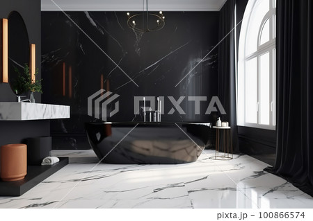 Minimal luxury bathroom with window. Stone floor, marble tile wall and modern big black bathtub. Generative AI Minimal luxury bathroom with window. Stone floor, marble tile wall and modern big black bathtub. Generative AI 100866574