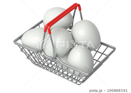 Farm raw organic white sugar-coated eggs for breakfast in metal wire basket 100866591