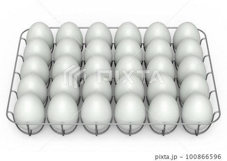 Farm raw organic white sugar-coated eggs for morning breakfast in metal tray 100866596