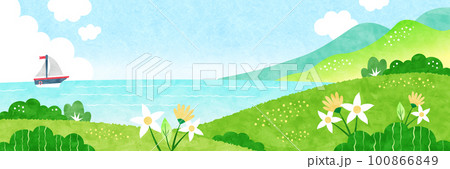 夏の海と野原の風景 自然あふれる水彩背景イラスト 100866849